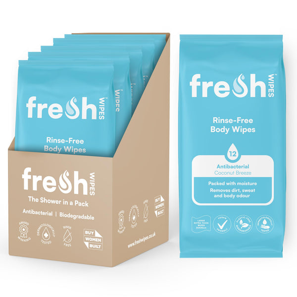 FreshWipes Antibacterial Body Wet Wipes For Adults 5 Pack (60 Wipes) - Coconut Breeze - Extra Large Biodegradable - Dermatologically Tested & Suitable