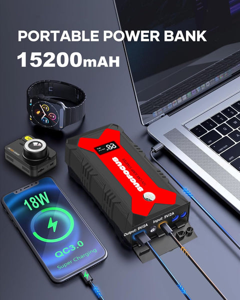Car Battery Jump Starter, 2500A Jump Starter (for 8.0L Gas or 6.5L Diesel Engine), Battery Jumper Starter Portable, Jump Box, Jump Start Battery Pack with Jumper Cable, LED Light/USB QC3.0 (Red Black)