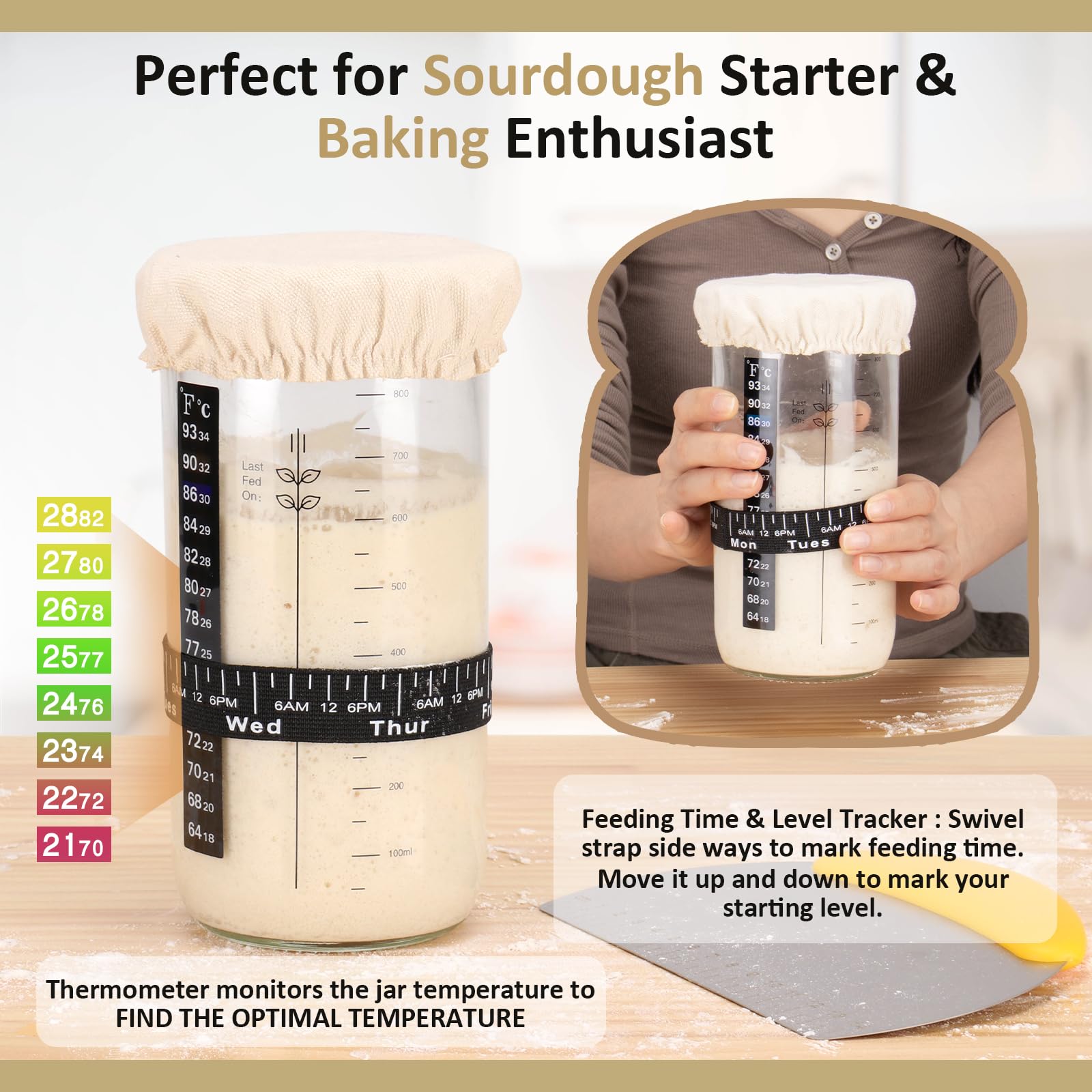 Sourdough Starter Kit for Beginner, 1000ml Sourdough Starter Jar, 2 Bread Proofing Baskets, Thermometer, Feeding Time Tracker, Metal Scraper, Easy to