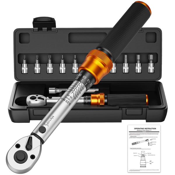 13PCS Bike Torque Wrench Set 3-25 Nm, Small Torque Wrench 1/4 Drive, Dual-Direction Adjustable 72 Teeth, ±3% Accuracy, with Extension Bar, Socket Bits (Hex & Torx), for Mountain Bike, Bicycle Repair