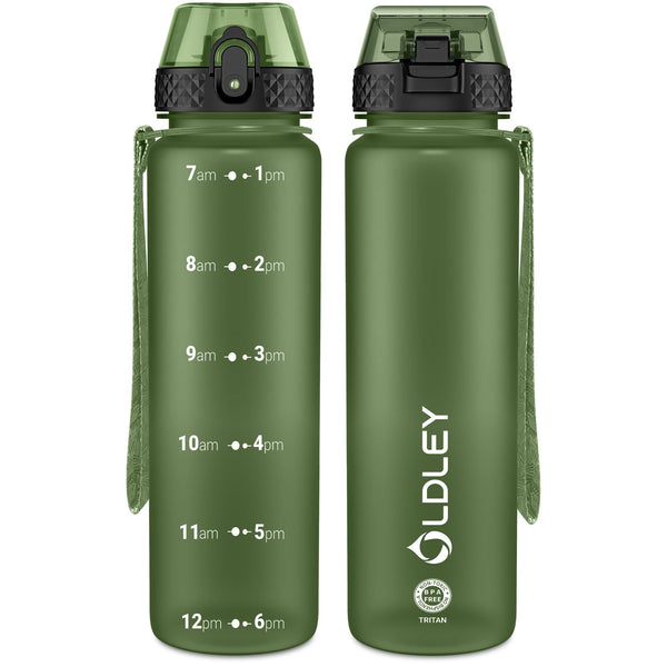 OLDLEY 1L/32oz Sports Water Bottle, 1000ml Motivational Drinks Bottle with Time Markings Leak Proof Drink & Lock Cover & No Straw, BPA Free for Adults Women Men Gym School Cycling Running Hiking
