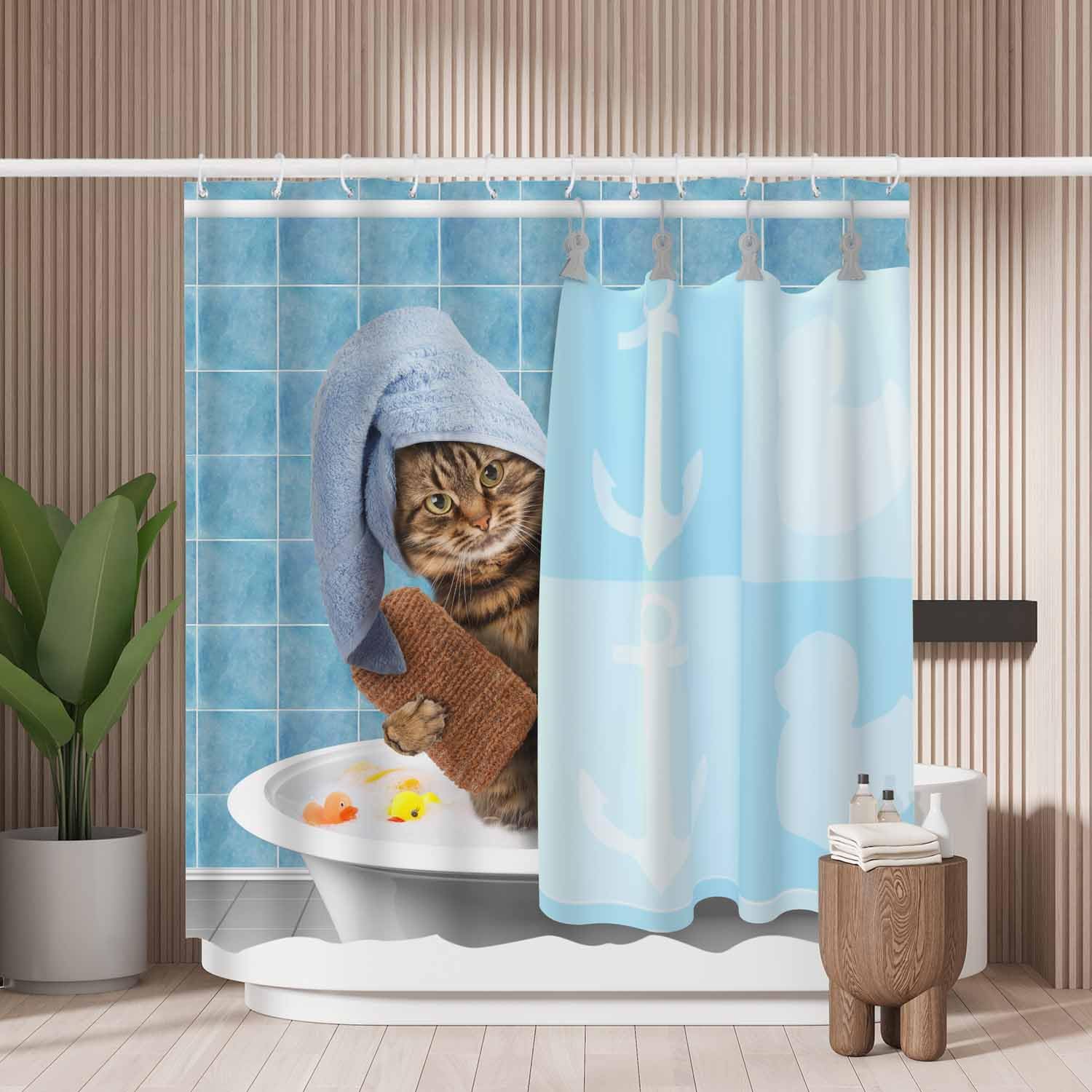 Woutay Shower Curtain Mould Proof Resistant Funny Cat Taking A Bath,Water Repellant Fabric,Polyester,with 12 Plastic Hooks