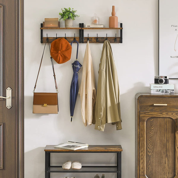 YMYNY Coat Rack Shelf Wall Mounted, Coat Hooks Set of 2, Entryway Coat Hanger with 4 Double Hooks, 80CM Wall Floating Shelf with Hat Rack, for