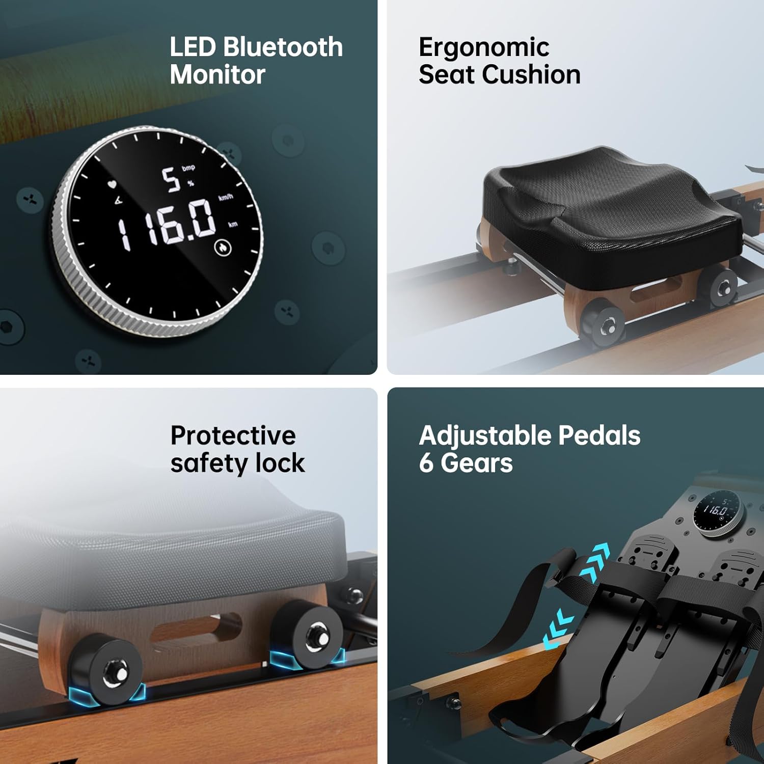 PASYOU Rowing Machine for Home Gym,Oak Wood Folding Rower Machine with Bluetooth and Adjustable Tablet Holder, 330LB Weight Capacity,Water Rowing Machine Compatible with Kinomap APP