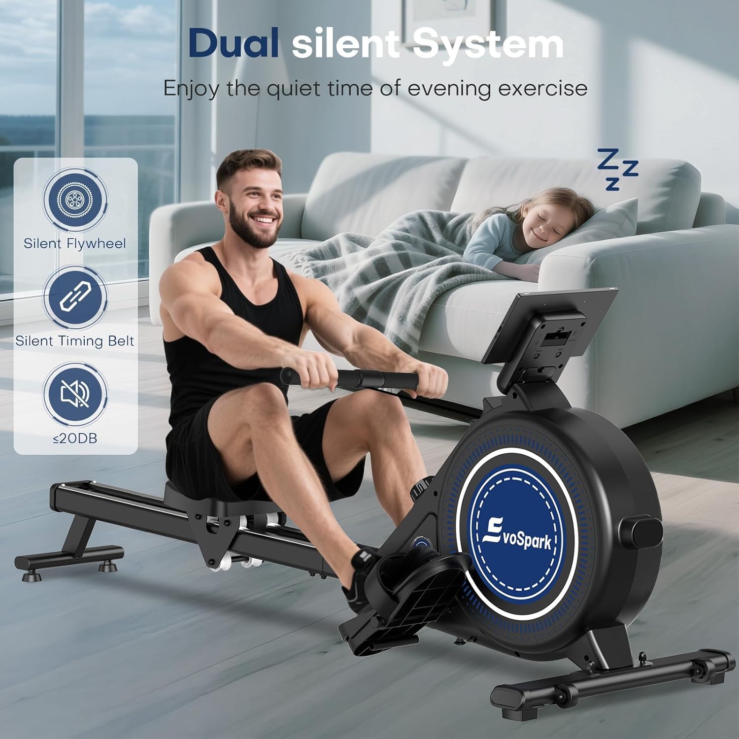 Rowing Machine for Home Gym, EvoSpark Magnetic Rowing Machines 350 LB Weight Capacity - Foldable Rower for Home Use with App Supported, Upgrade to Double Slide Rail