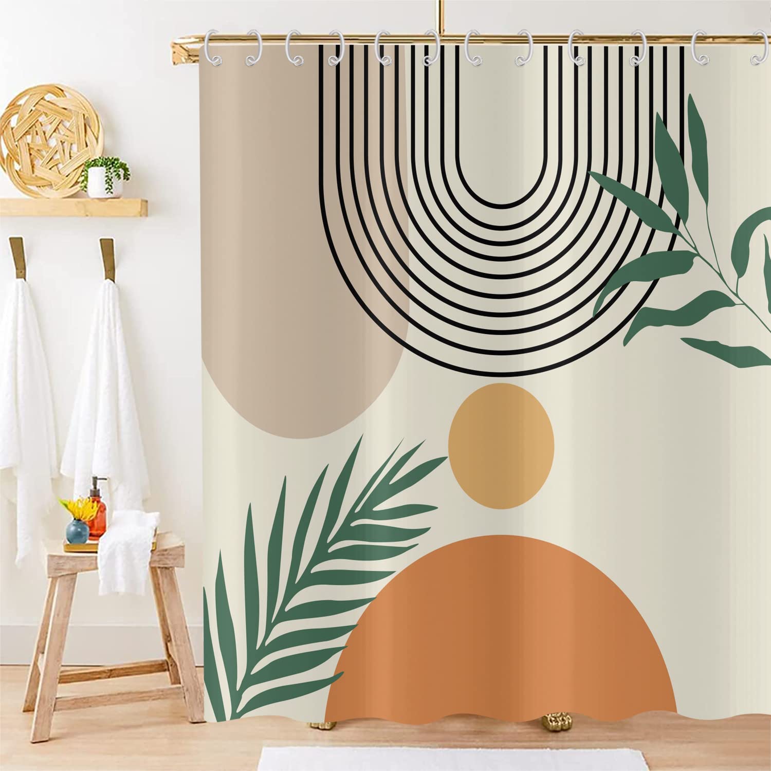 Hnmdmyi Boho Shower Curtain 180x180, Mid Century Abstract Leaf Arch Sun Beige Shower Curtains Modern Minimalistic Aesthetic Art Bathroom Curtains with