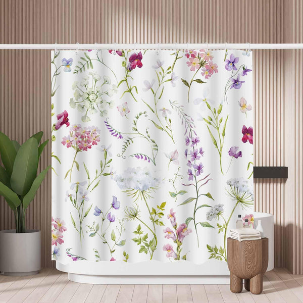 Woutay Shower Curtain Mould Proof Resistant Watercolor Floral,Water Repellant Fabric,Polyester,with 12 Plastic Hooks