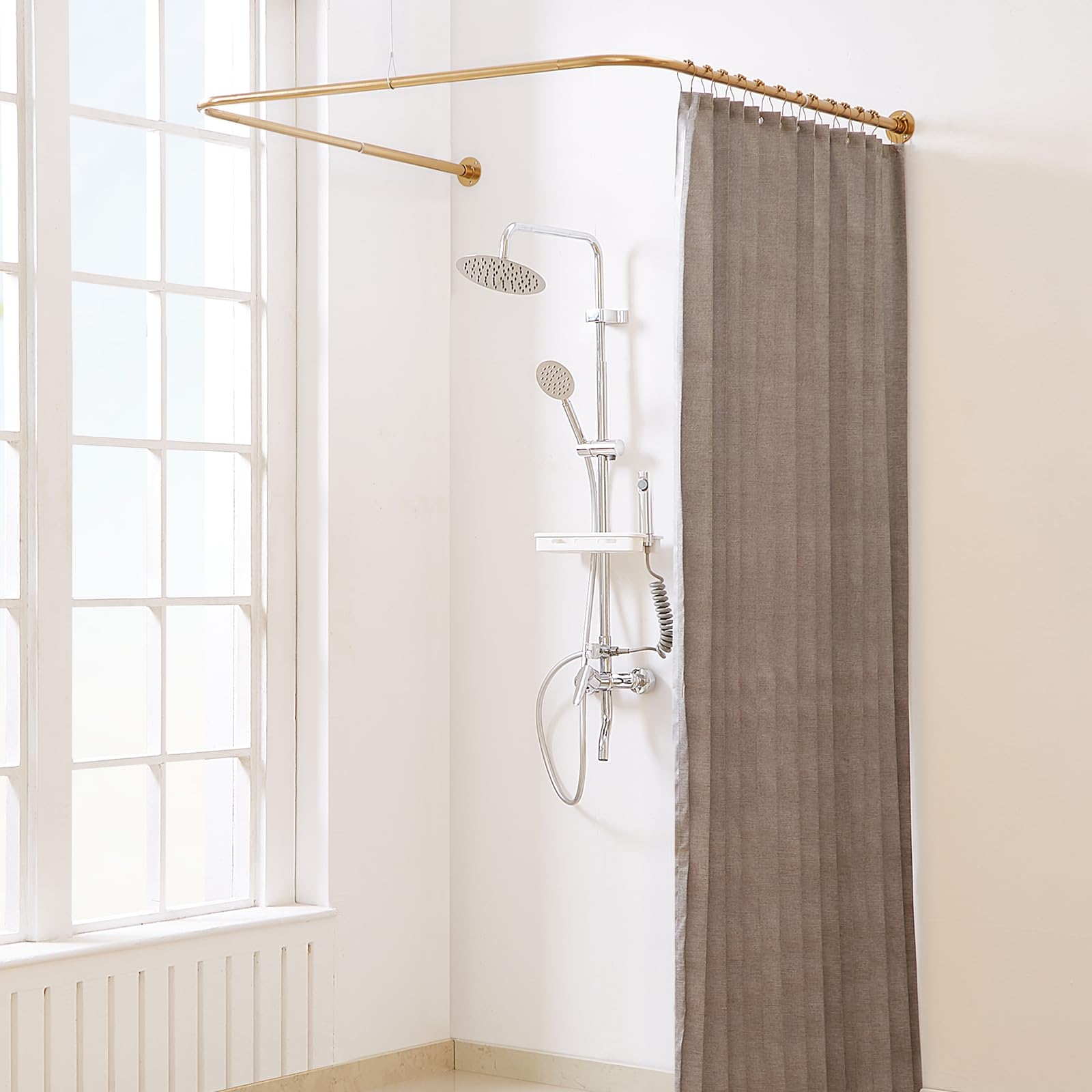 Yampos U Shaped Shower Curtain Rail, [Both Sides: 60 cm - 132 cm, Middle: 76,2 cm - 116,8 cm] Adjustable U Shape Outdoor Shower Rod Corner Curtain