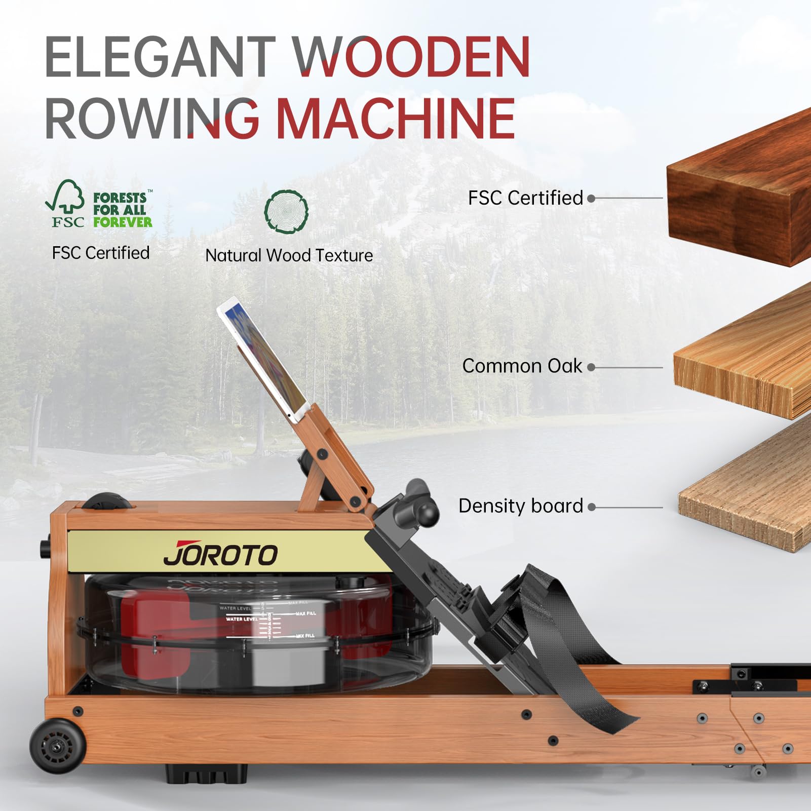 JOROTO Wood Rowing Machine for Home Gym,Oak Wood Foldable Rower Machine with Bluetooth, Adjustable Tablet Holder - 330LS Weight Capacity