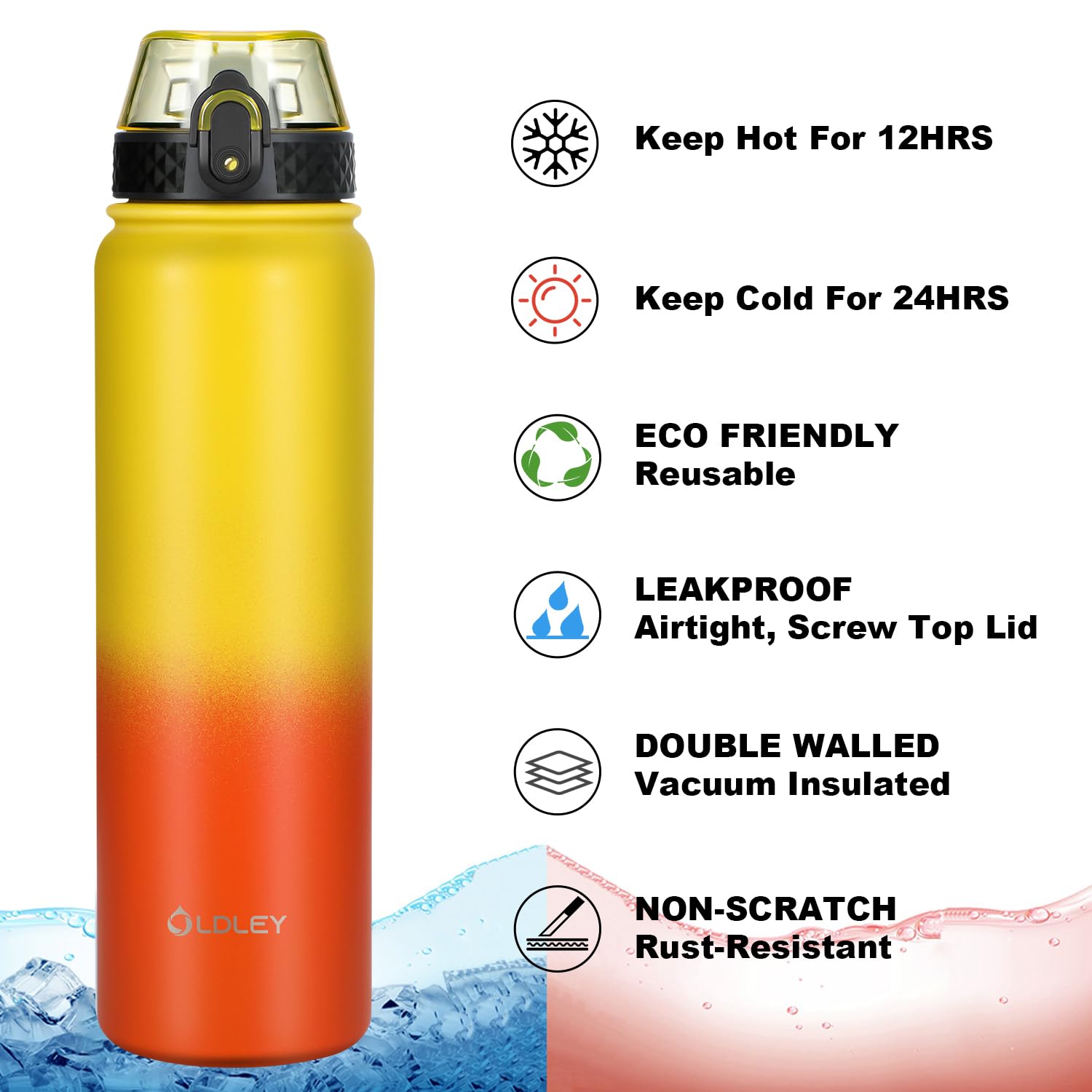 OLDLEY Stainless Steel Water Bottle with Straw 1L Vaccum Insulated Large Drink Flask Metal Water Bottles 1 Litre Leakproof Keep Drinks Hot Cold for Sports Gym with Different Lids(Purple Green, 3 Lids)