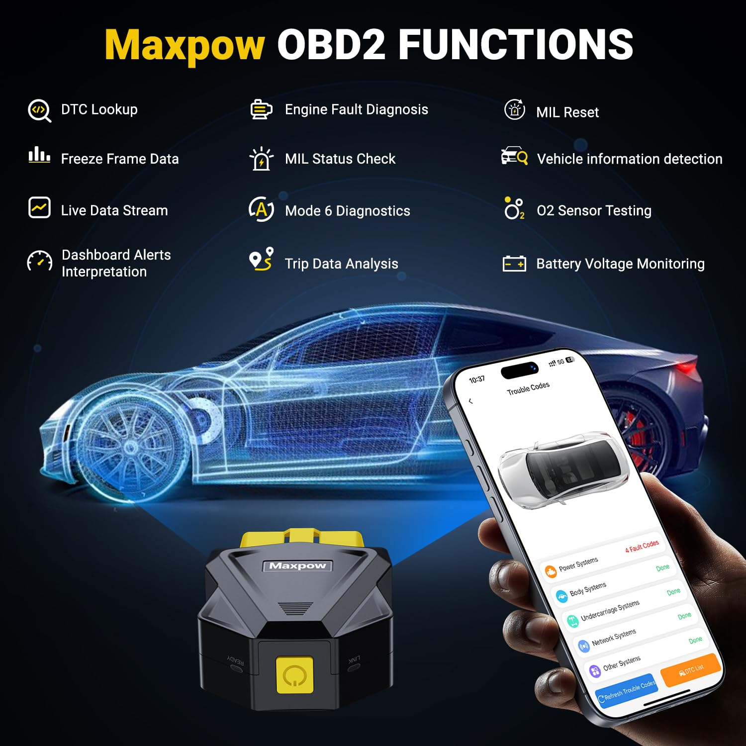 Maxpow OBD2 Scanner Diagnostic Tool - Wireless Bluetooth Car Fault Code Reader for iOS Android, Vehicle Health Check, Engine Inspection 1