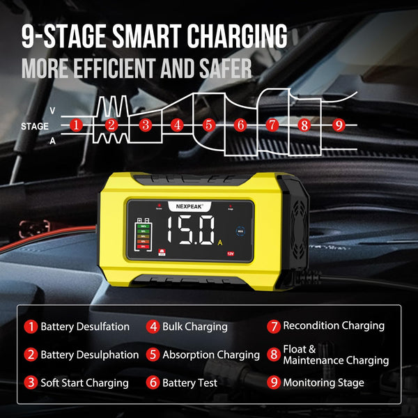 15A Car Battery Charger, NEXPEAK 12V 15A/24V 8A Automatic Smart Battery Charger with Temperature Compensation for Car, AGM, Gel, Wet, SLA for Lead Acid Batteries and LiFePO4 Batteries