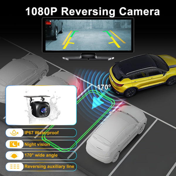 10.26" Wireless Car Stereo for Apple Carplay & Android Auto with 1080P Backup Camera, Touchscreen Car Play Screen with GPS Navigation & Voice Control, Mirror Link,Dual Bluetooth,FM Transmission,AUX