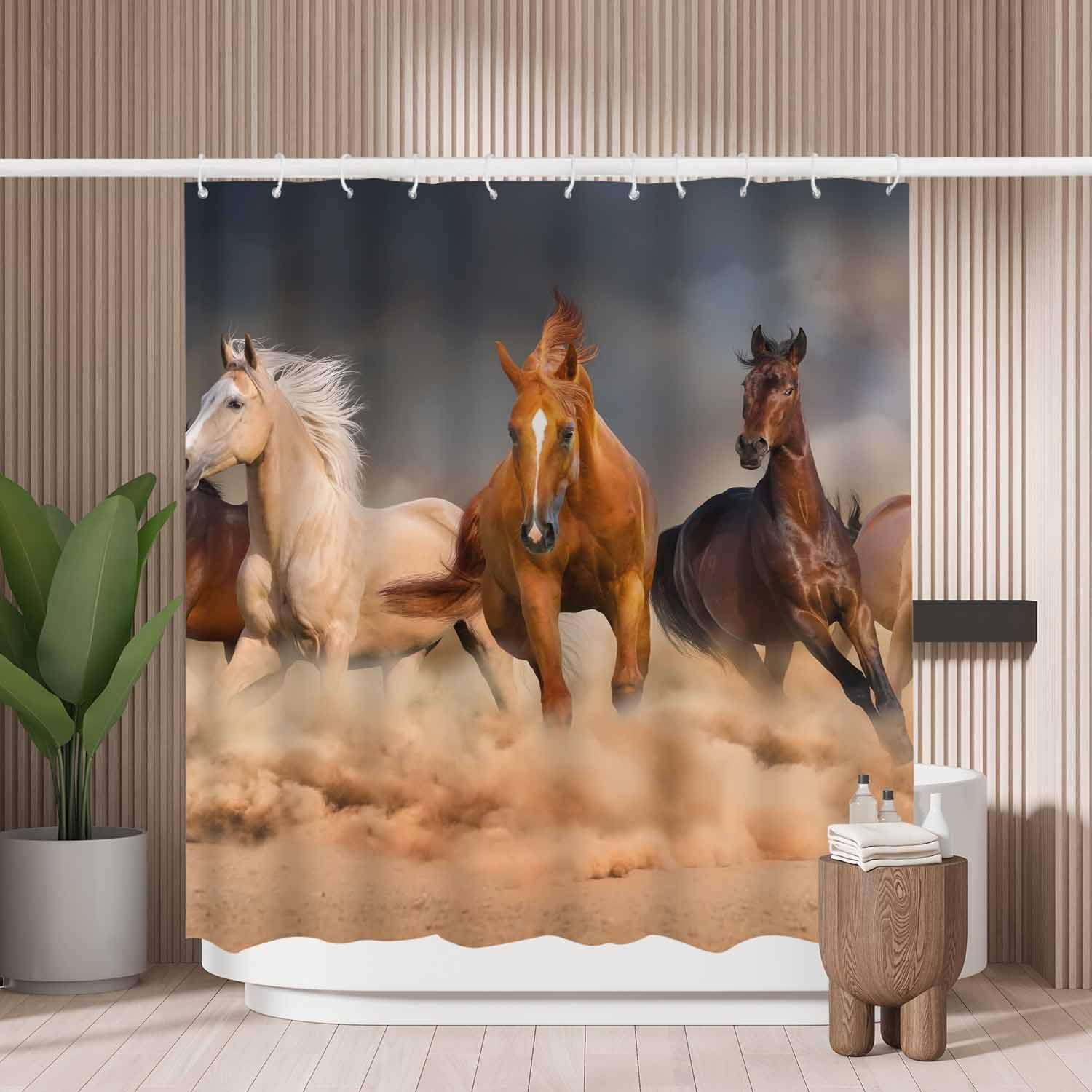 Woutay Shower Curtain Mould Proof Resistant Running Horse,Water Repellant Fabric,Polyester,with 12 Plastic Hooks