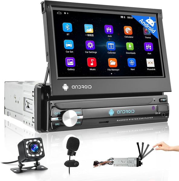 7" Android 10 Single Din 1Din Car Stereo 7 Inch Manual Flip Out Touch Screen Car Radio Bluetooth with Sat Nav Mirror Link WIFI GPS FM RDS SWC USB + External Microphone + Reverse Camera