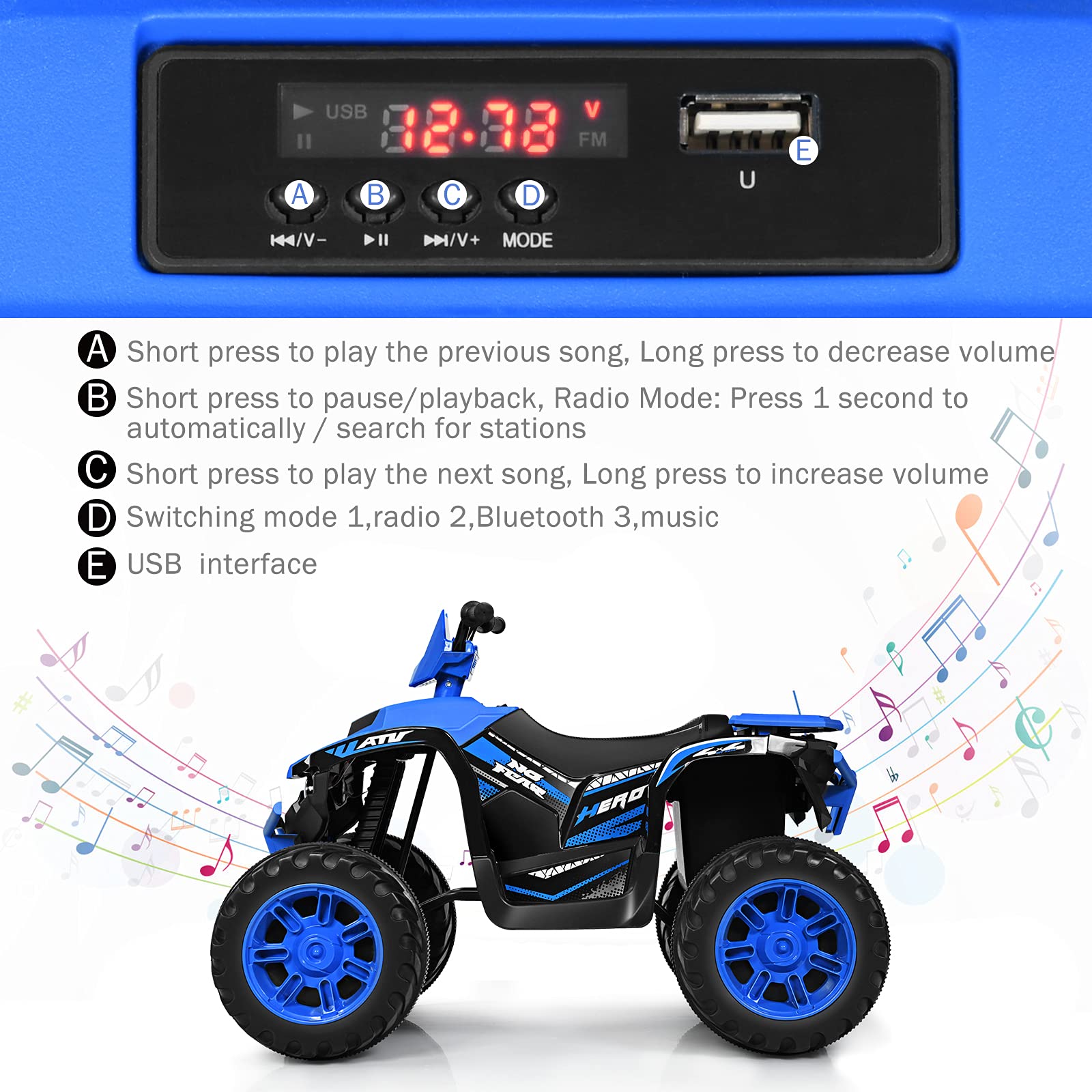 GYMAX Kids Electric Quad Bike, Children Ride On ATV with Bluetooth, Lights, Music, Horn, High/Low Speeds and Slow Start, 12 V Battery Powered Toy Car for 3-7 Years Boys Girls (Blue)