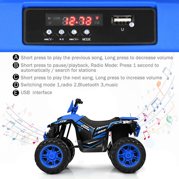 GYMAX Kids Electric Quad Bike, Children Ride On ATV with Bluetooth, Lights, Music, Horn, High/Low Speeds and Slow Start, 12 V Battery Powered Toy Car for 3-7 Years Boys Girls (Blue)