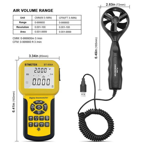 BTMETER BT-856A Pro CFM Anemometer Measures Wind Speed, Wind Flow, Wind Temp for HVAC Air Flow Velocity Meter with USB