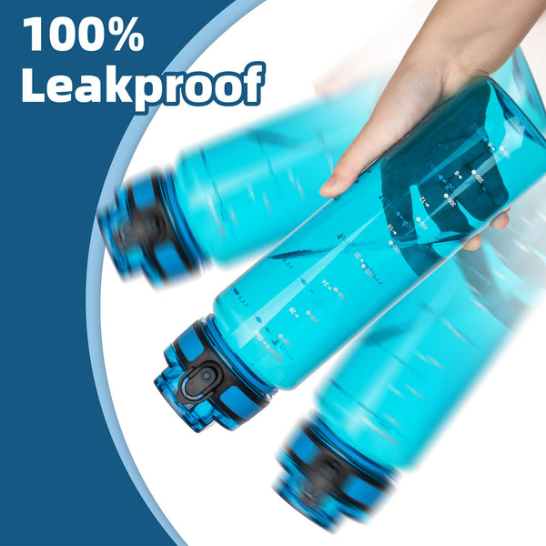 OLDLEY 1L/32oz Sports Water Bottle, 1000ml Motivational Drinks Bottle with Time Markings Leak Proof Drink & Lock Cover & No Straw, BPA Free for Adults Women Men Gym School Cycling Running Hiking