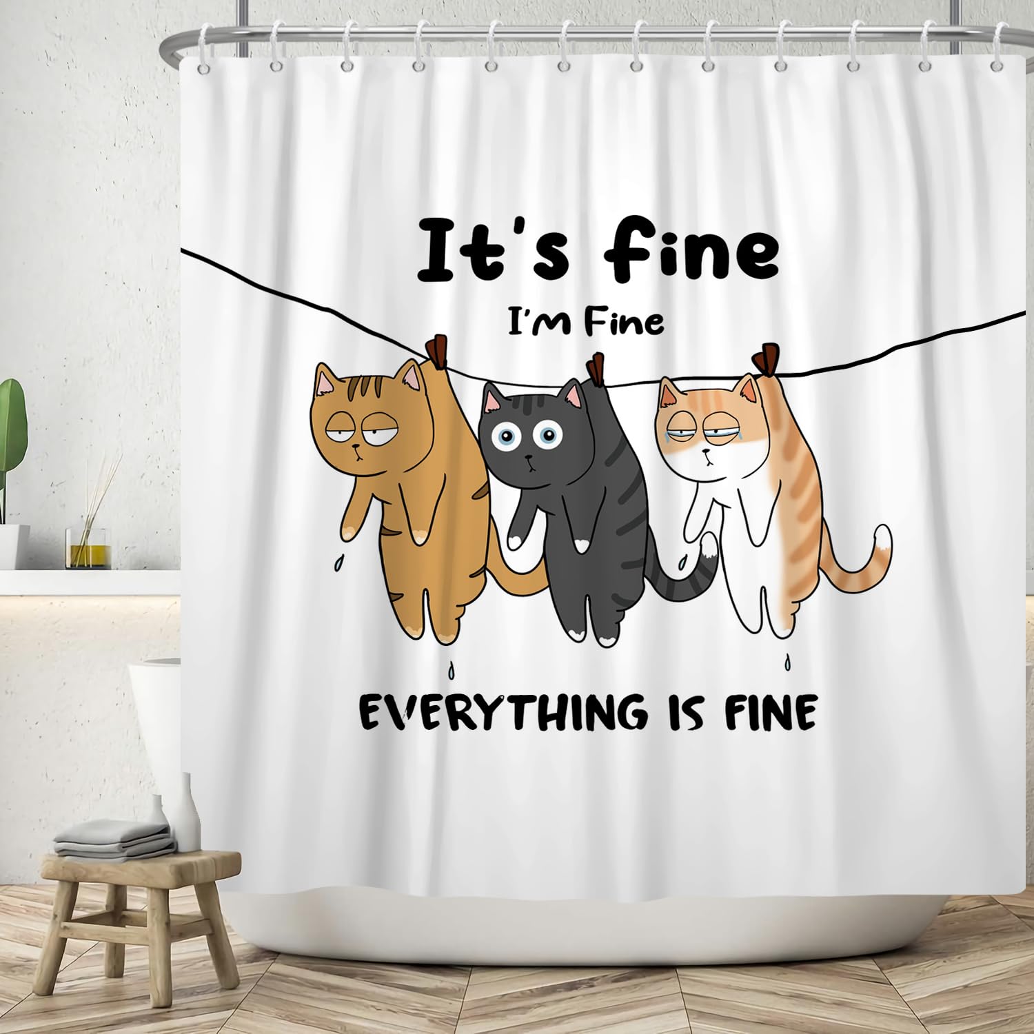 ASDCXZ Funny Shower Curtain 180x180 cm, Modern Simplicity Cute THREE Funny Cat White Bath Washable Shower Curtains Polyester Textile Waterproof Bath
