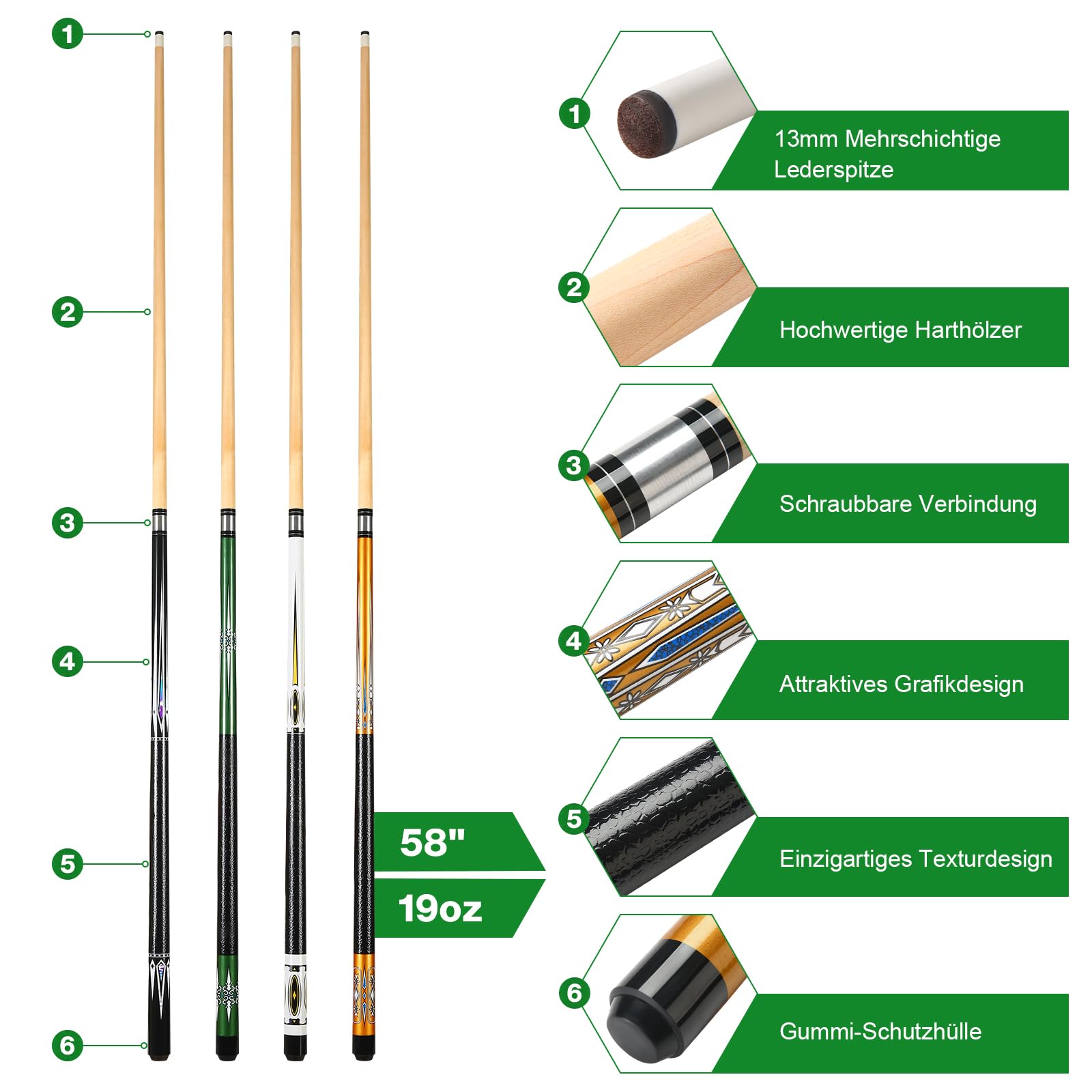 ASMPCUE Pool Cue, 58 Inch Billiard Cue Set of 4pcs 19 oz Hardwood Pool Cue 13 mm Tips for Professional Billiard Players, 1/2 Cue Sticks for Billiard