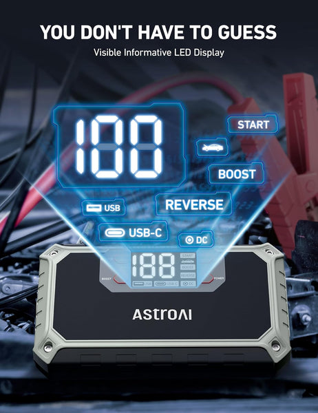 AstroAI 2000A Car Battery Booster Jump Starter Power Pack 18000mAh Power Bank (12V DC and QC3.0 Output) for 7.0L Petrol/3.0L Diesel Engines, with LCD Screen, LED Torch, Cigarette adaptor