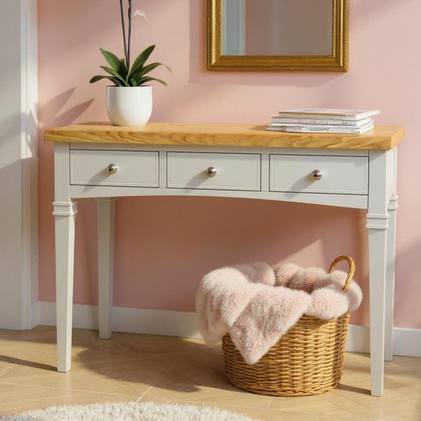 GROFurniture Painted Oak Dressing Table with 3 drawers, Bedroom Desk Office with Oak Top Dressing Table, Livingroom Table (Grey)