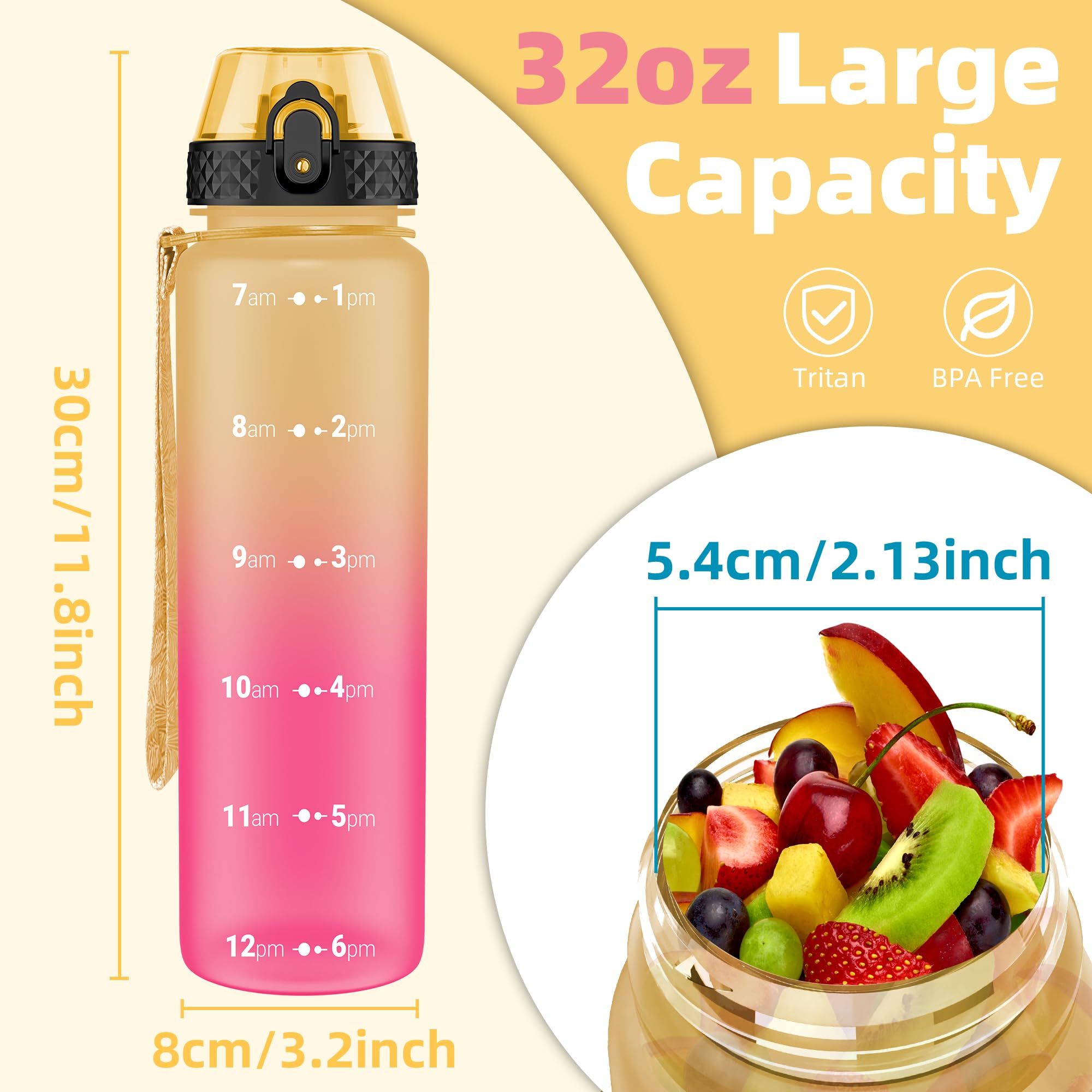 OLDLEY 1L/32oz Sports Water Bottle, 1000ml Motivational Drinks Bottle with Time Markings Leak Proof Drink & Lock Cover & No Straw, BPA Free for Adults Women Men Gym School Cycling Running Hiking