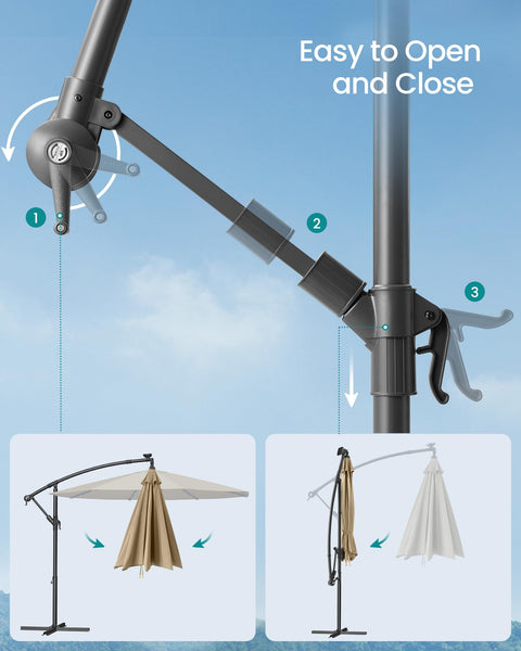 SONGMICS Cantilever Garden Parasol with Solar-Powered LED Lights, 3 m Banana Patio Umbrella with Base, Crank for Opening Closing, Sunshade with Protection UPF 50+, Beige GPU118M01