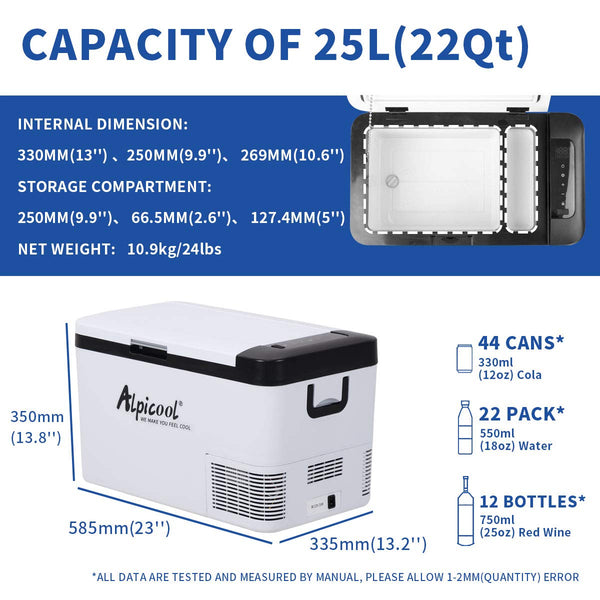 Alpicool G22 22L Compressor Car Fridge Freezer, DC 12v Camping Refrigerator, Portable Mini Cool Box for TruckCampervanRVBoat, -20℃ to 20℃