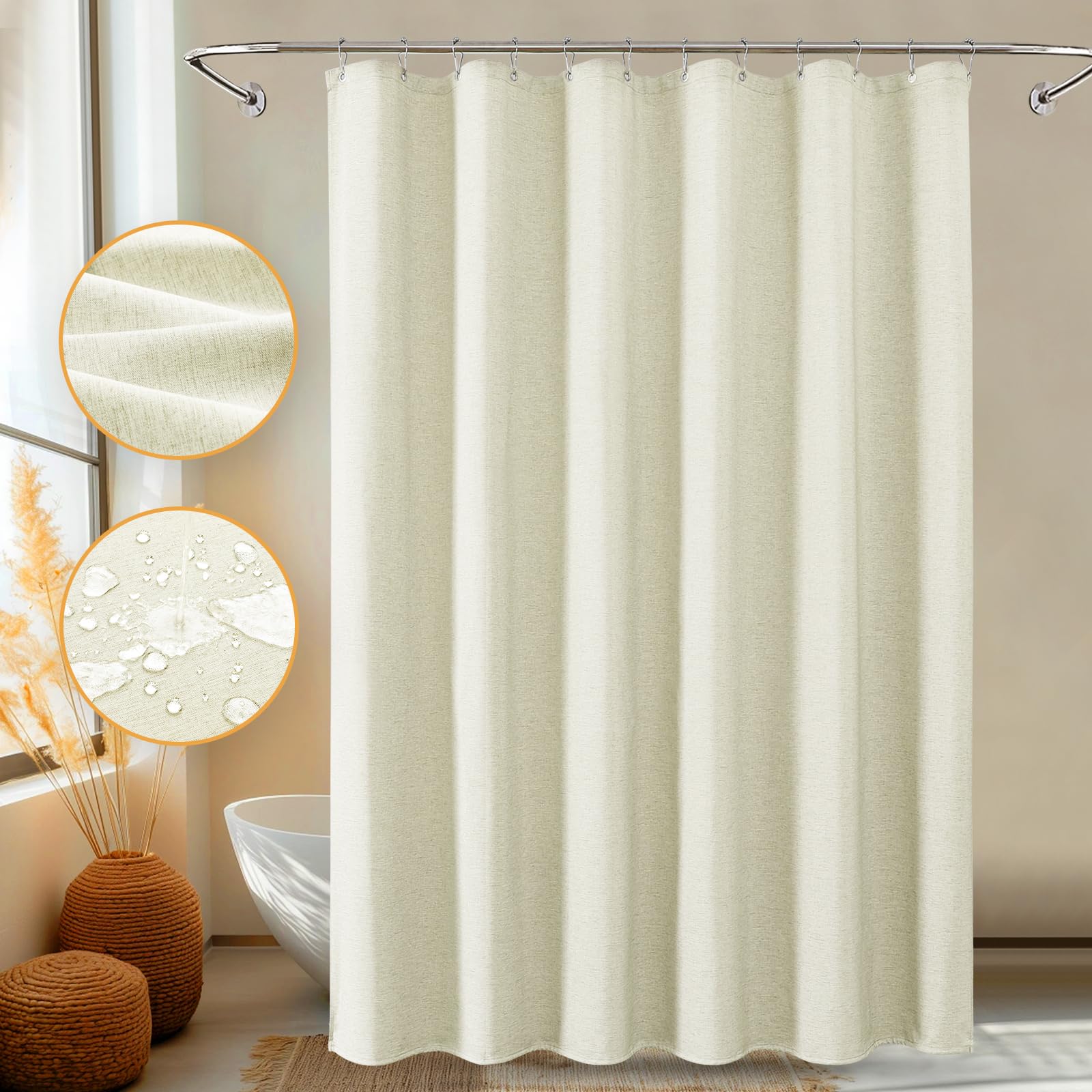 FY&XZH Beige Shower Curtain, Heavy-Duty Linen-Texture Fabric Shower Curtain, Extra Soft Double-layer waterproof Shower Curtains With Smart Function