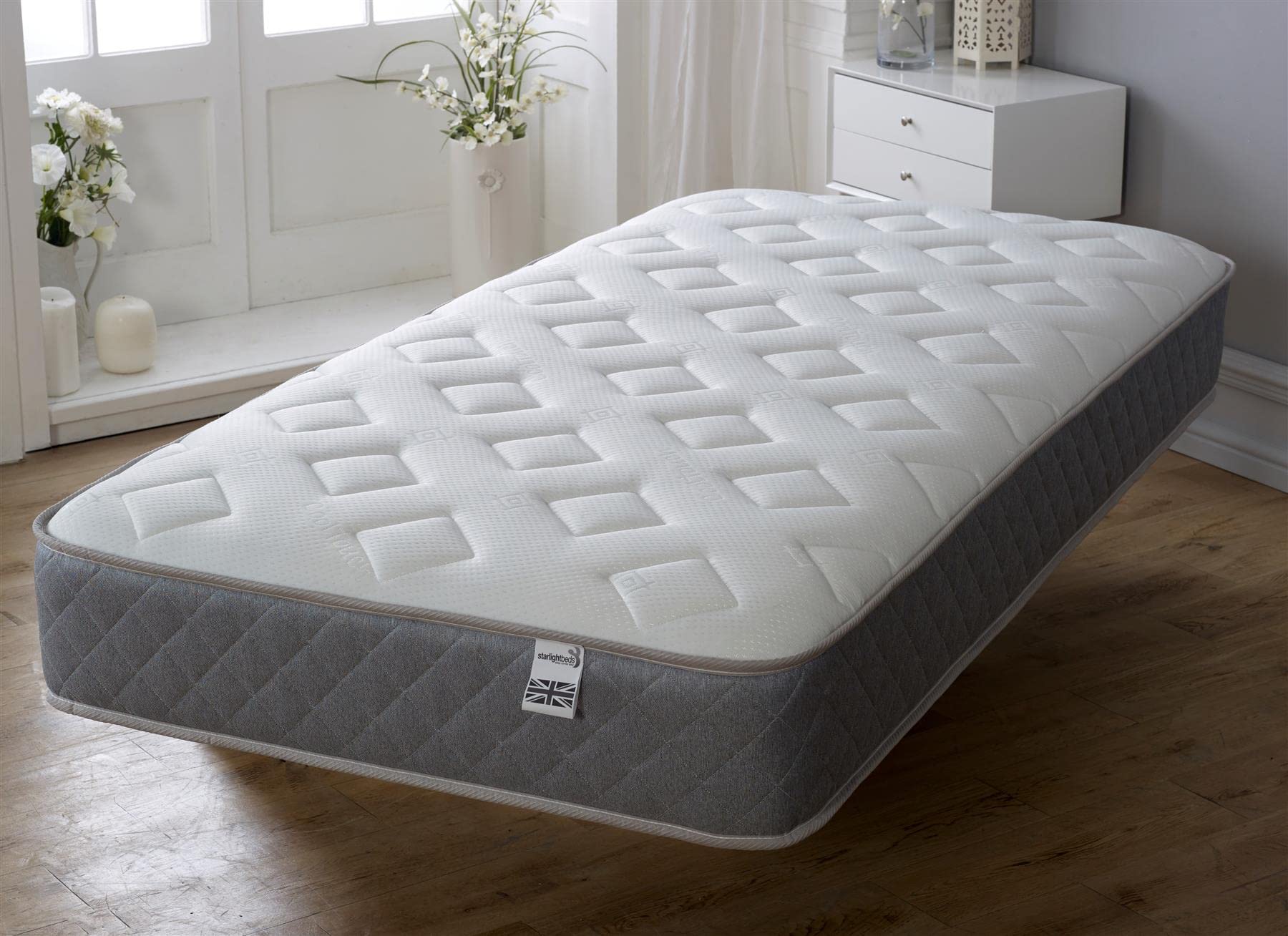 Starlight Beds Essentials Jump n Tac Small Single Memory Foam Mattress with Springs. 7.5 Inch Hybrid 2ft6 Budget Mattress. Soft, Grey Border (75 x 190