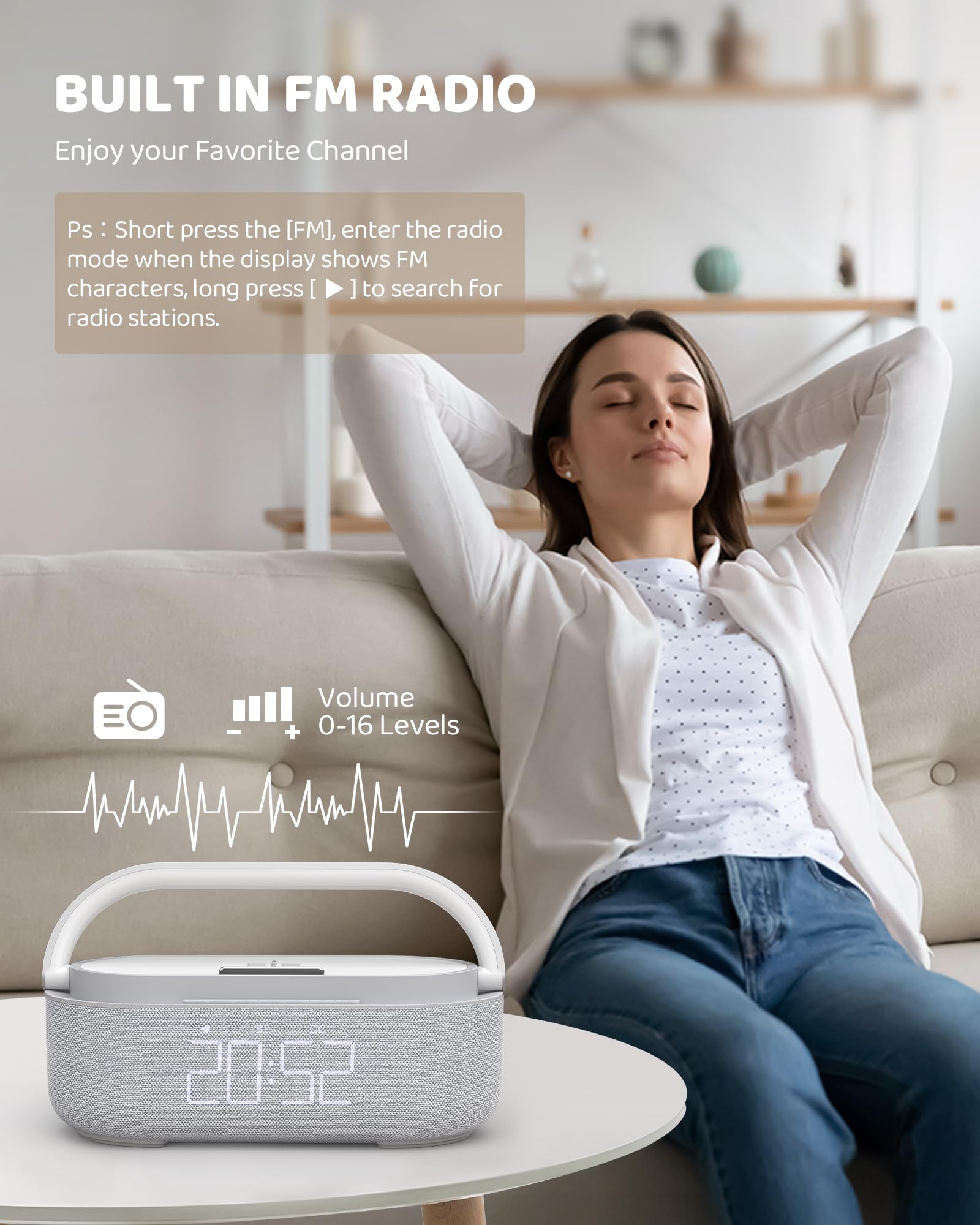 COLSUR Radio Alarm Clock Bluetooth Speaker, 15W Wireless Charger Alarm Clocks Bedside, Night Light, Loud Volume for Heavy Sleepers, Snooze, Dimmable LED Display, 2500mAh Battery
