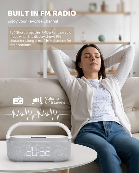 COLSUR Radio Alarm Clock Bluetooth Speaker, 15W Wireless Charger Alarm Clocks Bedside, Night Light, Loud Volume for Heavy Sleepers, Snooze, Dimmable LED Display, 2500mAh Battery
