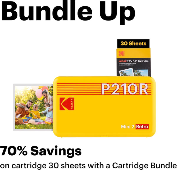 KODAK Mini 2 Retro 4PASS Portable Photo Printer (2.1x3.4 inches) Initial 8 Sheets + 60 Sheets Pack Bundle, White
