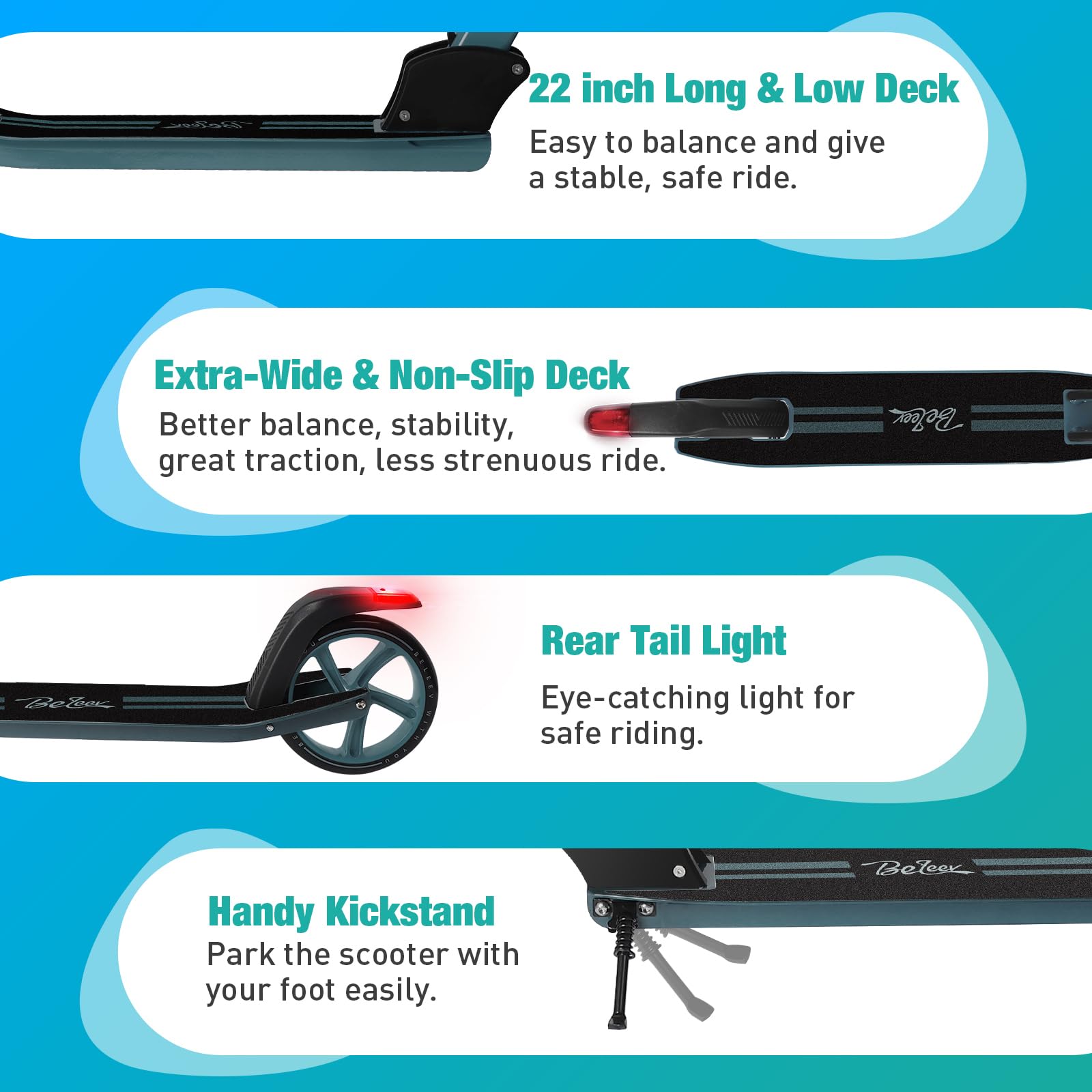 BELEEV Scooters for Kids Ages 8+, Folding 2 Wheel Scooter for Adults Teens, 200mm Big Wheels, 4 Adjustable Handlebar, Front Suspension, Lightweight