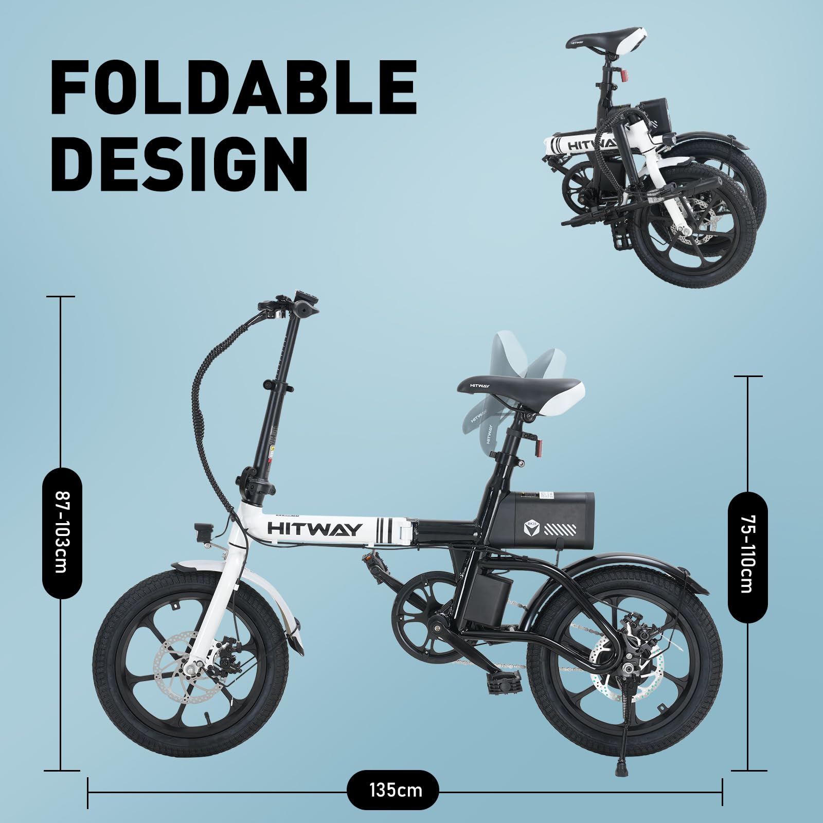 HITWAY BK35 Folding Electric Bike, 16 inch E Bike 250W City E-Bike Max.Range 25-60KM