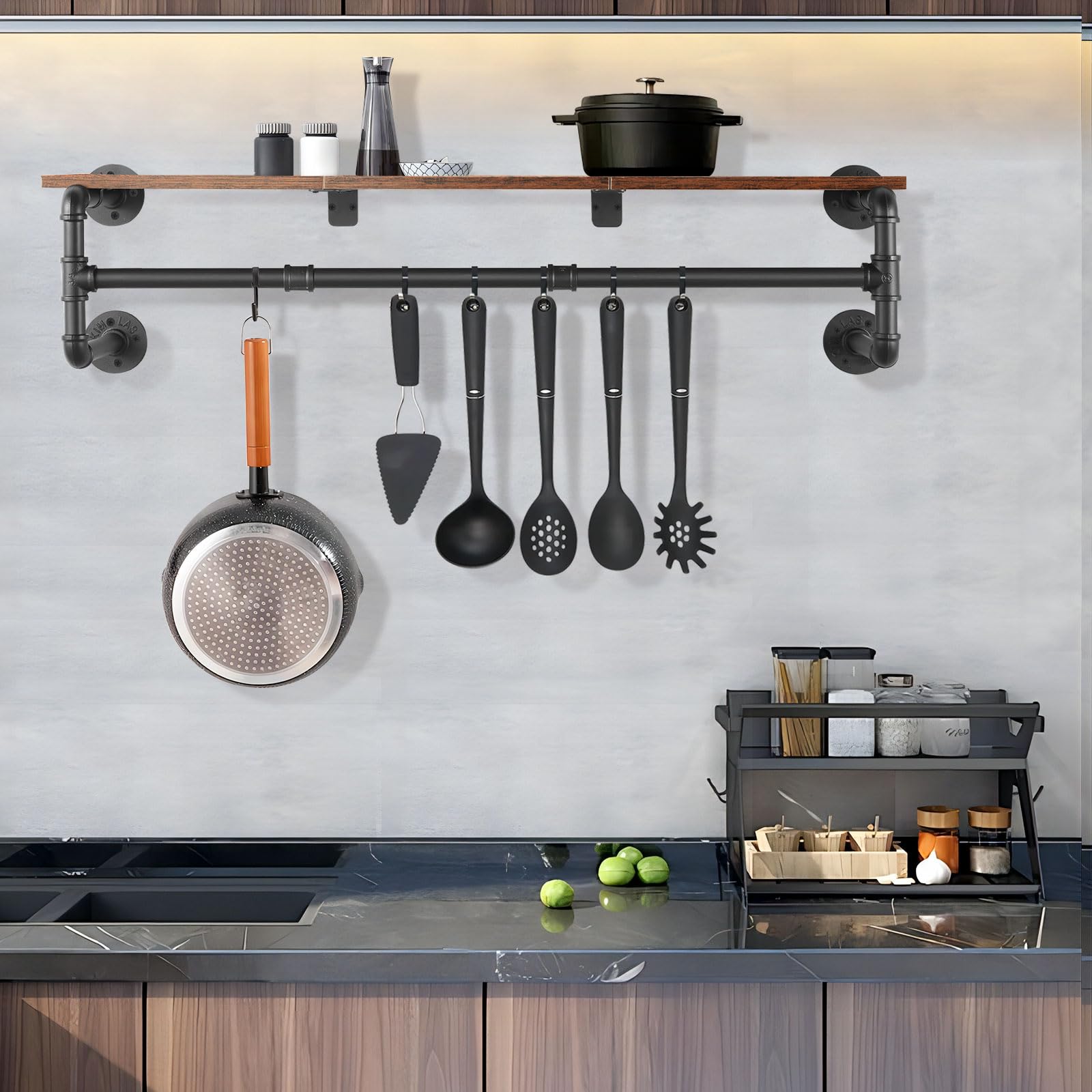 Yawinhe Industrial Pipe Wall Mounted Garment Rack, with Top Shelf, 105cm Heavy Duty Detachable Multi Purpose Hanging Rod, Space Saving Hanger with 4