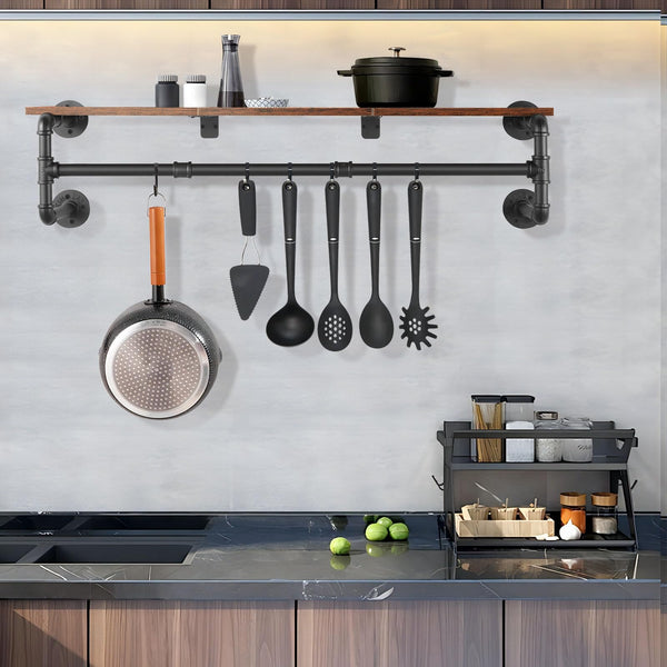 Yawinhe Industrial Pipe Wall Mounted Garment Rack, with Top Shelf, 105cm Heavy Duty Detachable Multi Purpose Hanging Rod, Space Saving Hanger with 4