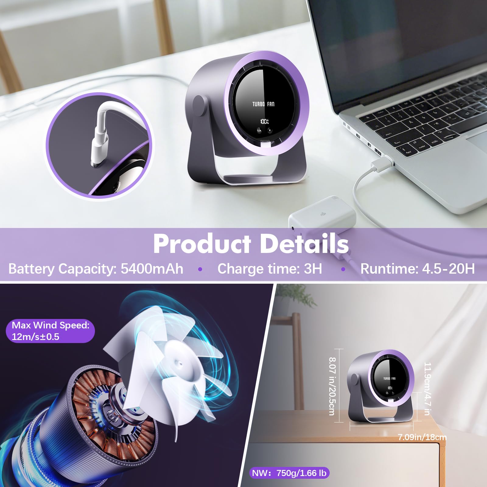 yokye Desk Fan, USB Desktop Fan with LED Display & Long Battery Life, 100 Speeds, 90° Adjustable Head Tilt, 3-in-1 Powerful Table Fan for Bedroom, Kitchen, Office, Home,Camping (Dark Gray)