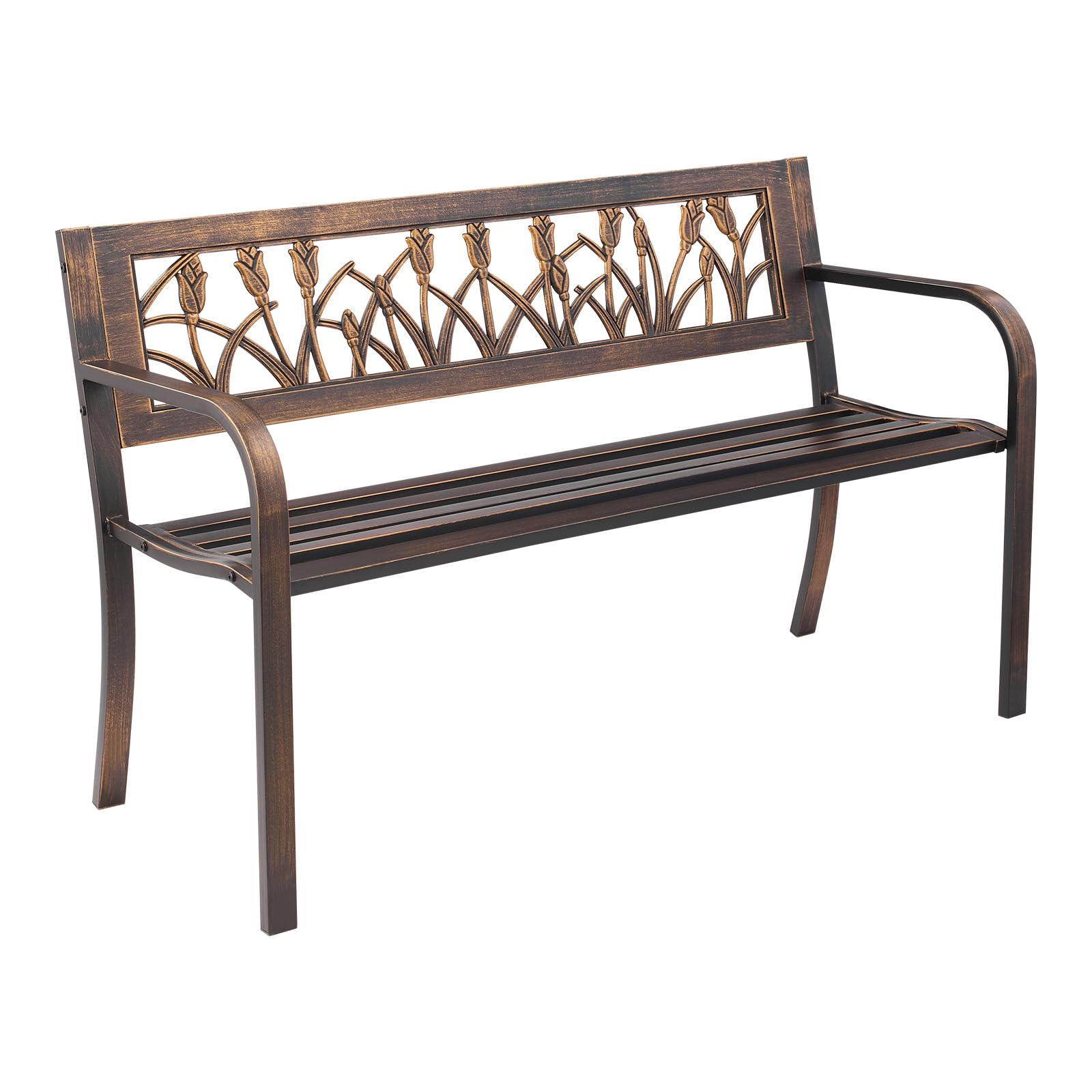 VEVOR Outdoor Bench, 127 cm, Carbon Steel Metal Frame with PVC Floral Pattern Backrest and Round Edge Armrests, Weatherproof Outside Bench for Patio,