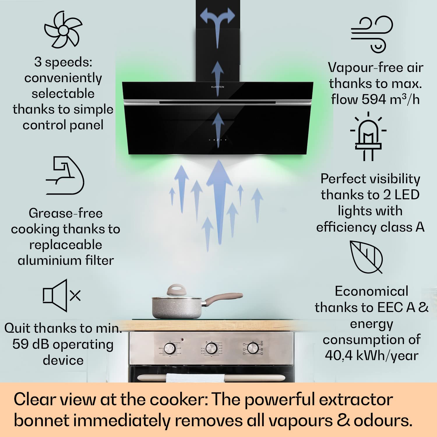 Klarstein Alina 90 Angled Cooker Hood - 600m³/h Air Flow, Touch Panel, LED Backlighting, Quiet 63dB, Energy Class A, 90cm Extractor Hood, Black