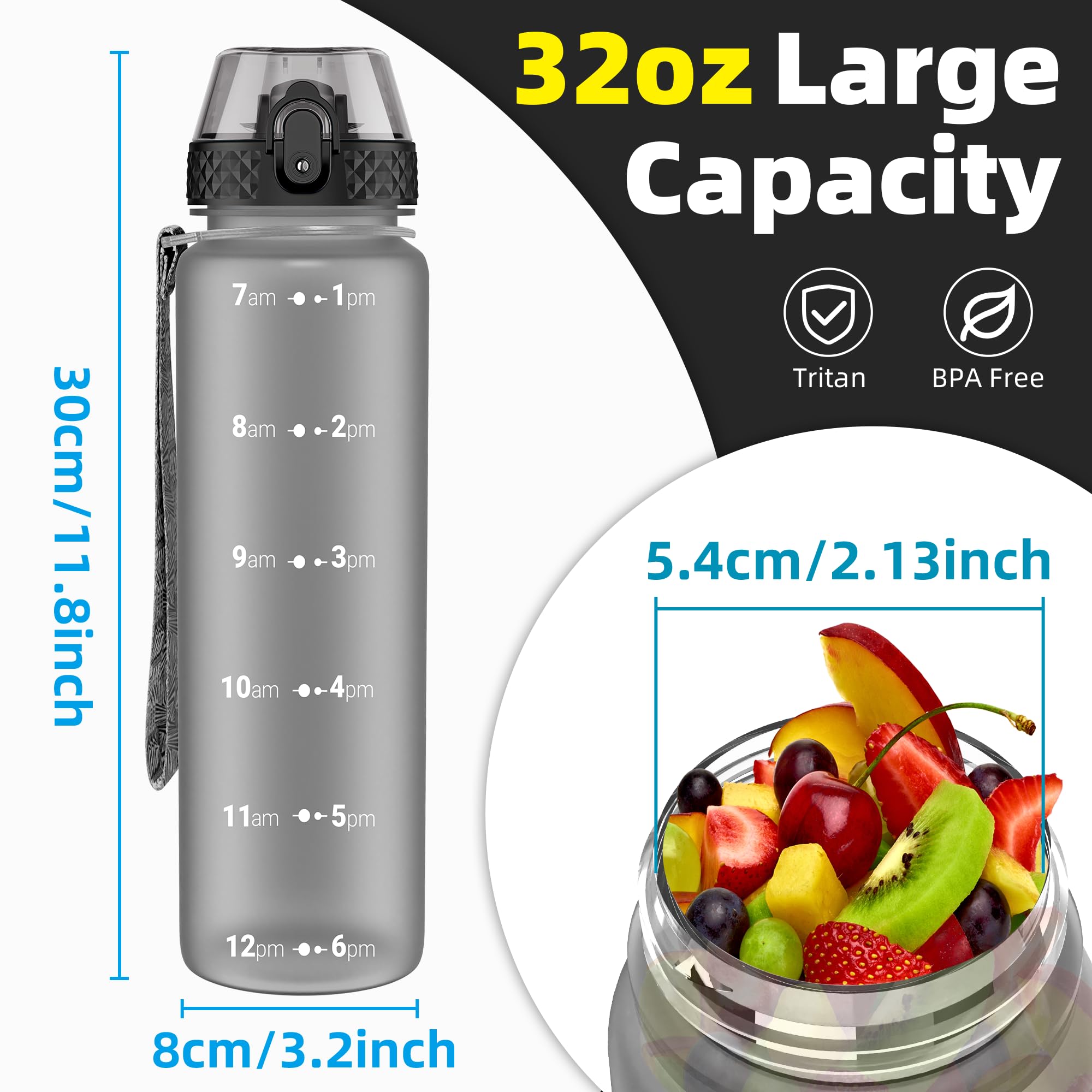 OLDLEY 1L/32oz Sports Water Bottle, 1000ml Motivational Drinks Bottle with Time Markings Leak Proof Drink & Lock Cover & No Straw, BPA Free for Adults Women Men Gym School Cycling Running Hiking