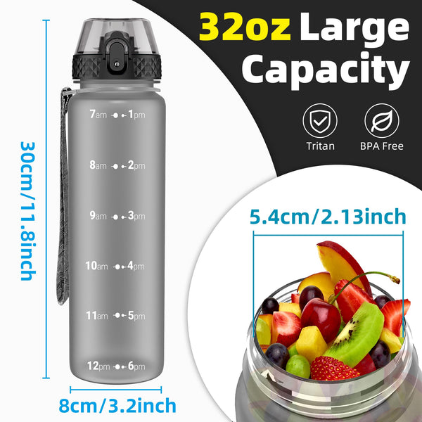 OLDLEY 1L/32oz Sports Water Bottle, 1000ml Motivational Drinks Bottle with Time Markings Leak Proof Drink & Lock Cover & No Straw, BPA Free for Adults Women Men Gym School Cycling Running Hiking