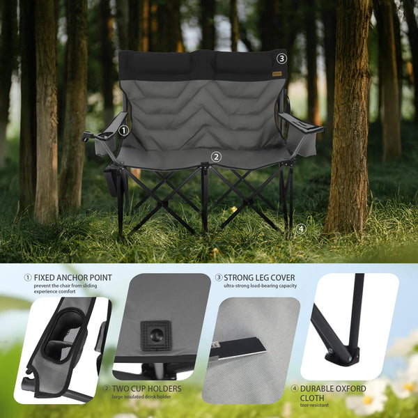 Outdoor Folding Camping Chair -Oversize Camping Chairs for Adults,Support 400lbs with Pillows & Cup Holders & Cooler Bags- Heavy Duty Collapsible Chairs for Sports Garden Beach Fishing(Grey Blue)