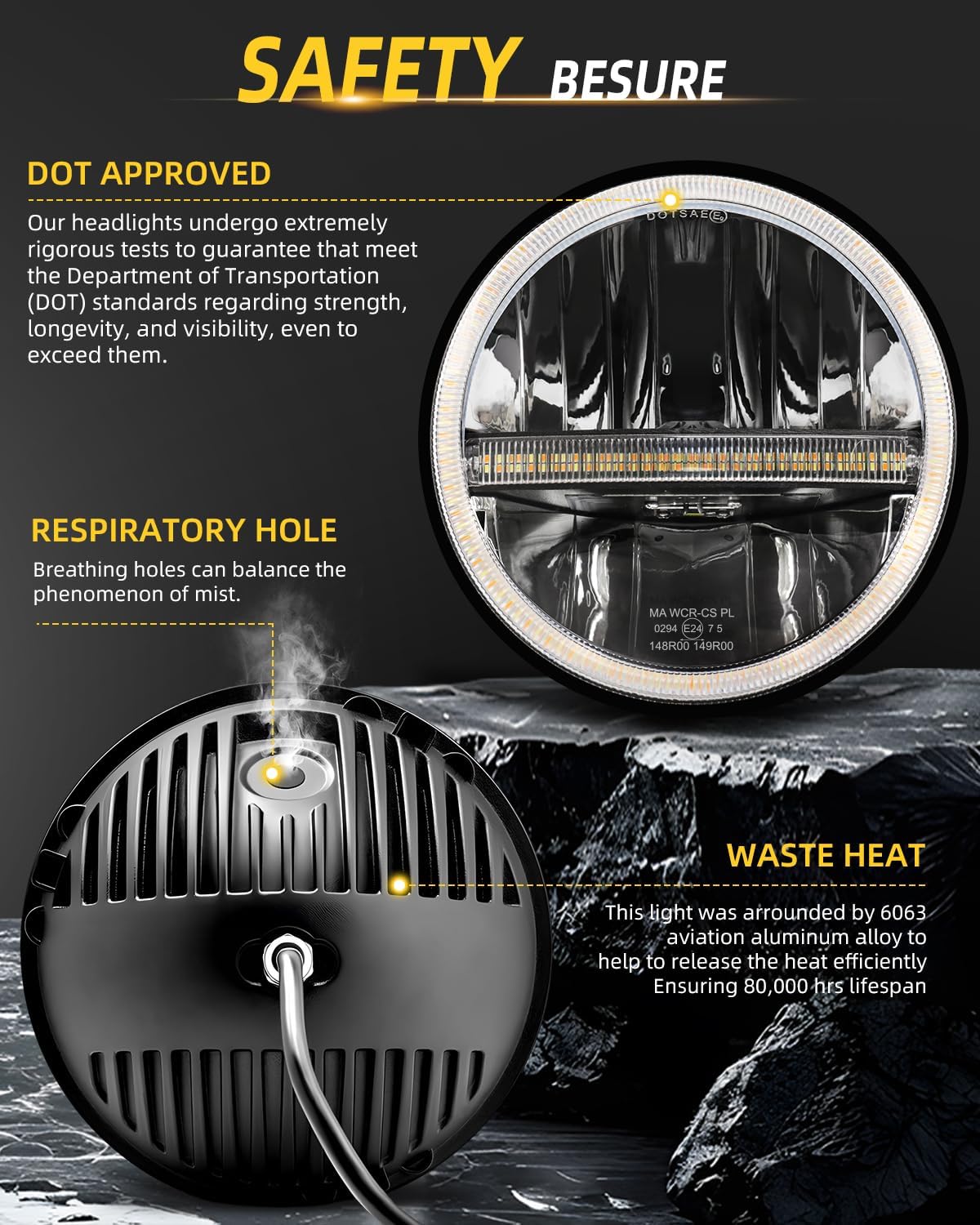 CO LIGHT 2PCS 7 Inch LED Headlight Round Amber Turn Signal White DRL High/Low Beam E-Mark Approved Compatible with Wrangler JK LJ TJ CJ 1965-1978 Escort Mk1（H4-H13 Adapter Included）