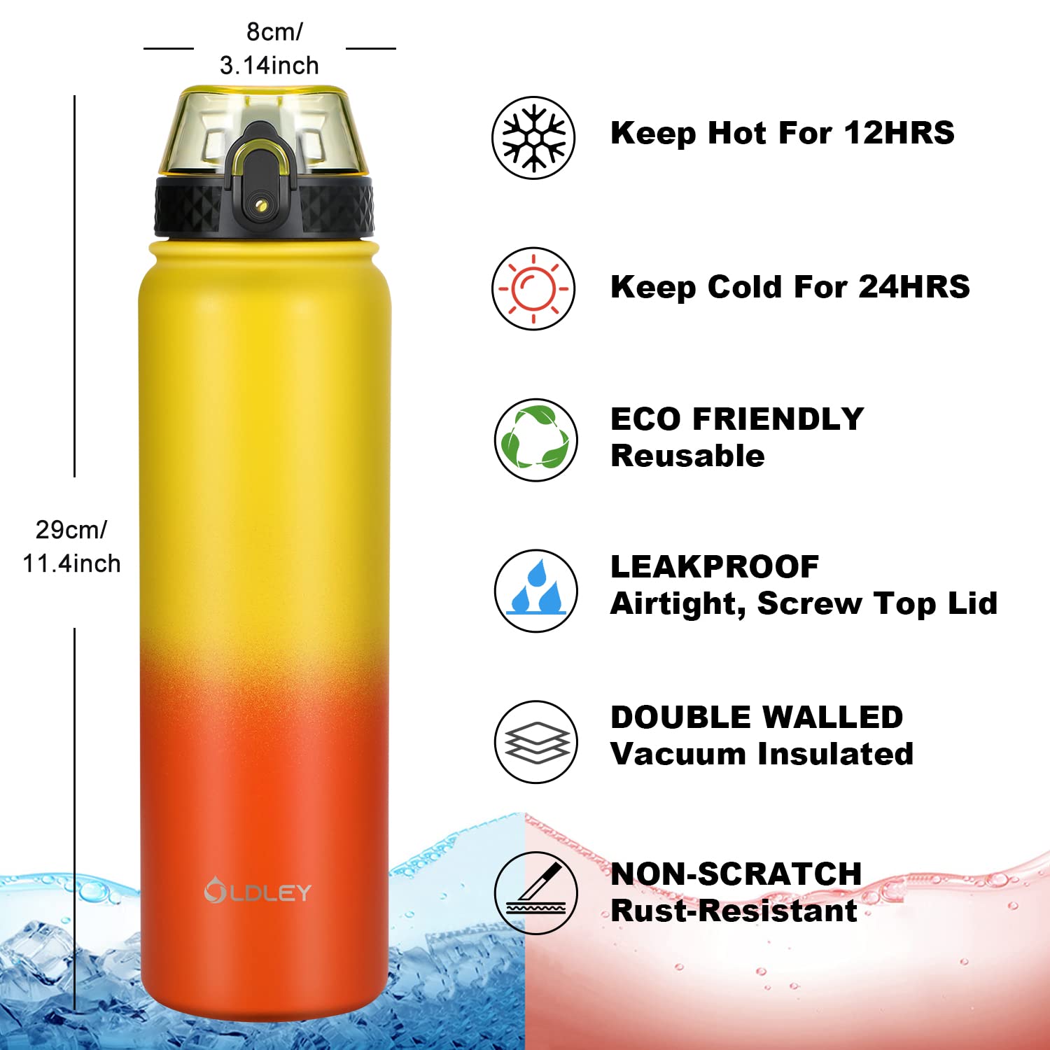 OLDLEY Stainless Steel Water Bottle with Straw 1L Vaccum Insulated Large Drink Flask Metal Water Bottles 1 Litre Leakproof Keep Drinks Hot Cold for Sports Gym with Different Lids(Purple Green, 3 Lids)