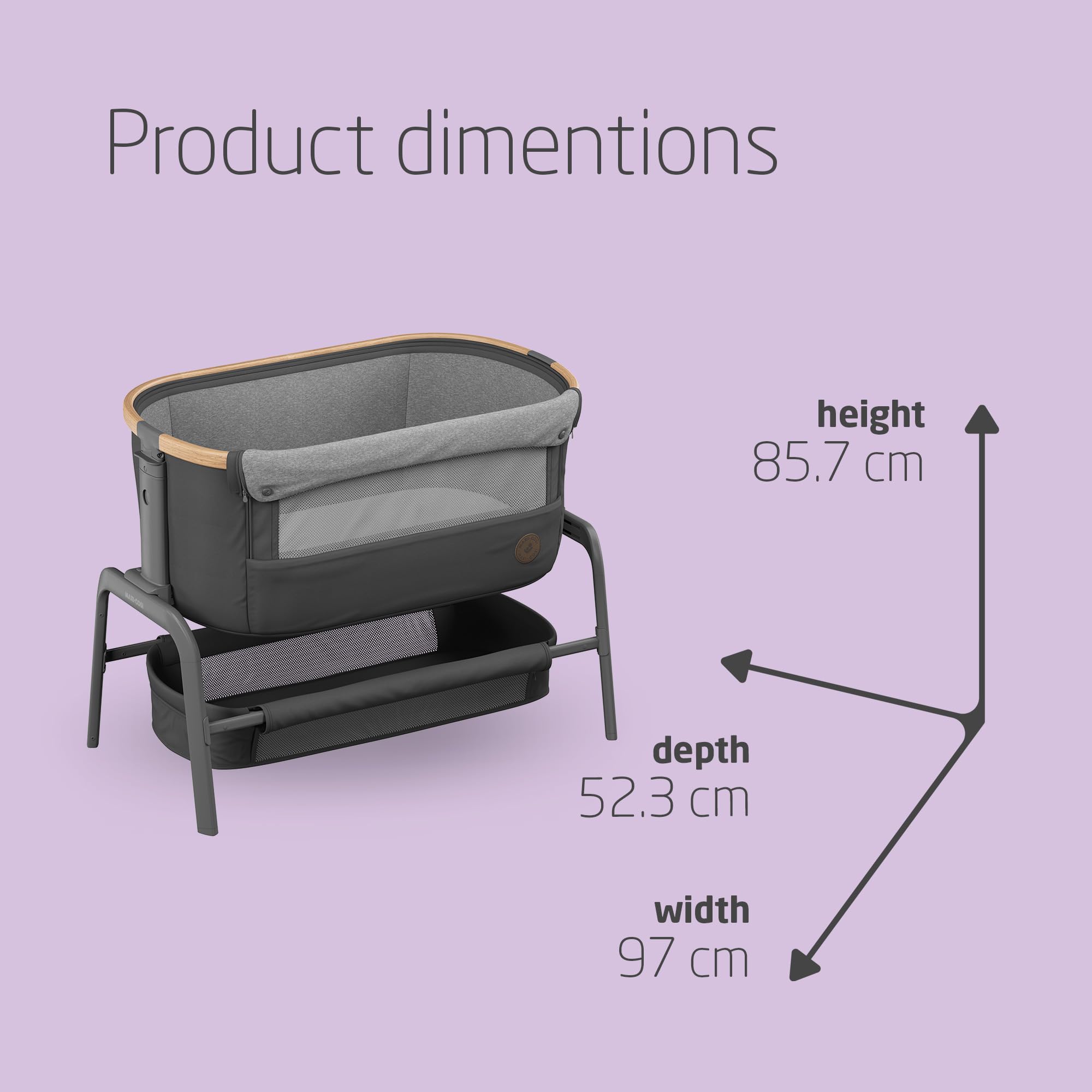 Maxi-Cosi Iora Co-Sleeper Crib, Foldable Baby Bedside Crib, 0–6 Months, max 9 kg, 4 Incline & 5 Height Positions, Easy Slide, Comfortable Mattress, Large Basket, Easy to Carry, Essential Grey