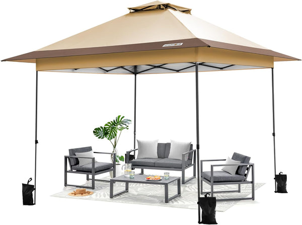 VIVOHOME Canopy Tent 3x3m Outdoor Shelter 2 Tiers Roof with Portable Wheel Carry Bag and 4 Sandbags Pop Up for Patio Garden Backyard