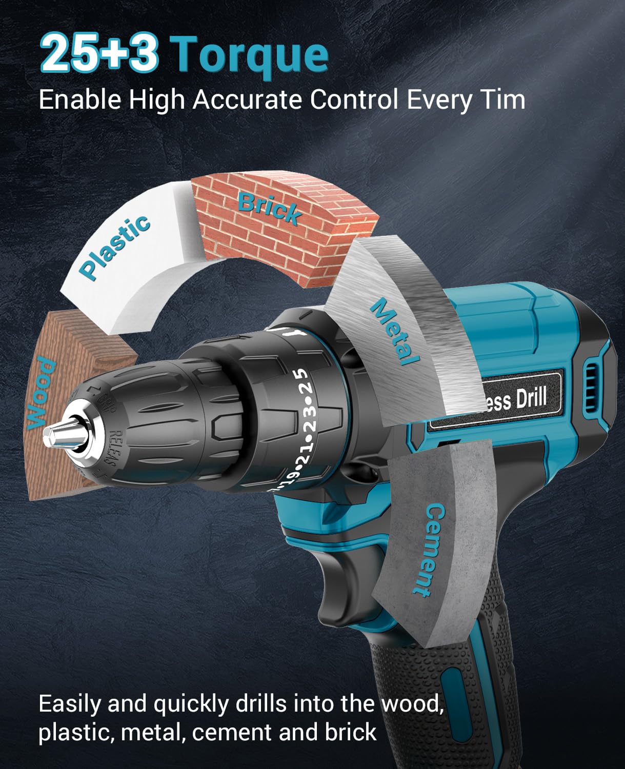 MHPRO Cordless Drill, Power Drill Brushless 21V, Cordless HammerDrill with 2 Batteries 2000mAh, 20+3 Torque, 45N.m Max DrillSet, LED Light, 2 Speed, 14PCS Accessories for Home and Garden DIY Project